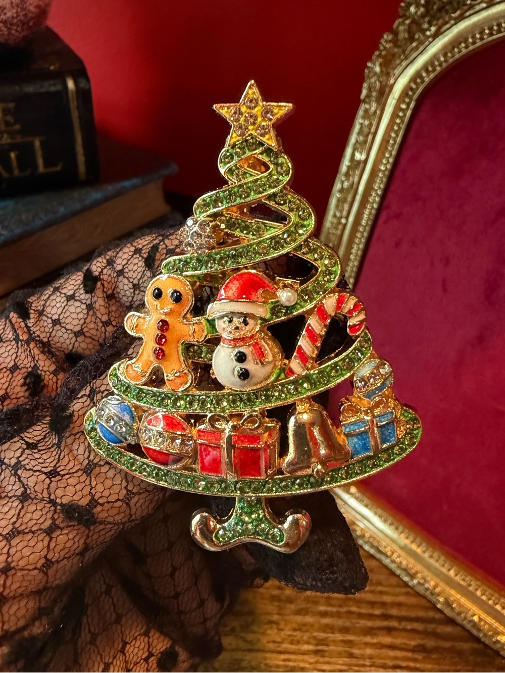 Festive Green Christmas Tree Snowman Gingerbread Brooch